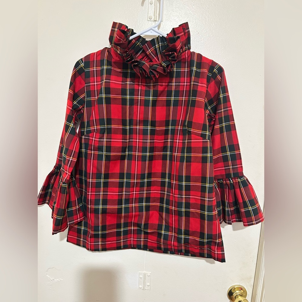 Plaid Ruffle Neck Blouse - Red and Black